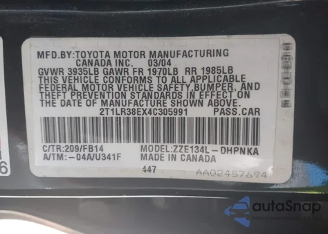 2004 Toyota Matrix Xr z USA, uszkodzony, nr VIN 2T1LR38EX4C305991